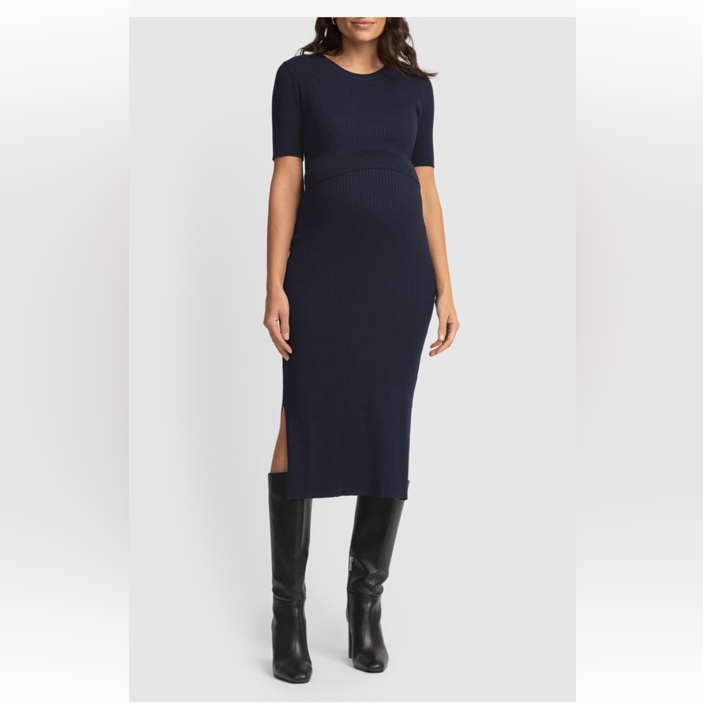 Seraphine Maternity Navy Ribbed Knit Midi Dress
